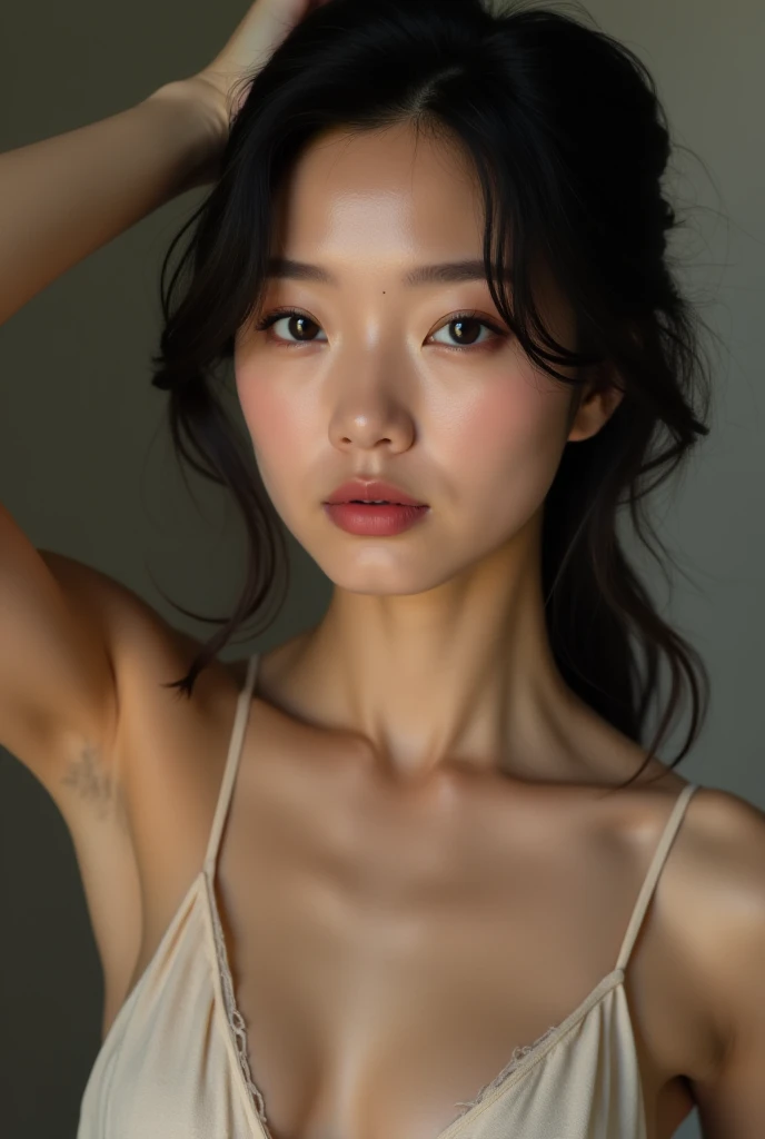 Japanese woman, 30 years old, asymmetrical shag haircut, streight face showing no emotion, thin lips, looking into camera, tight silk top, no bra, standing streight, frontal view, highly detailed face, high resolution, no make-up, photorealistic