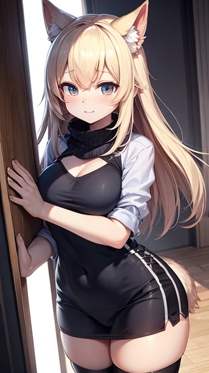 (1) A woman is squatting with her knees together. her panties are almost visible.
(2) She's a gal, long blonde hair and gal makeup.
(3) The woman wears a yellow sleeveless turtleneck knit, blue mini skirt, and long brown boots.
(4) The woman's face is red and she looks embarrassed..
(5) The location is the entrance to the movie theater..