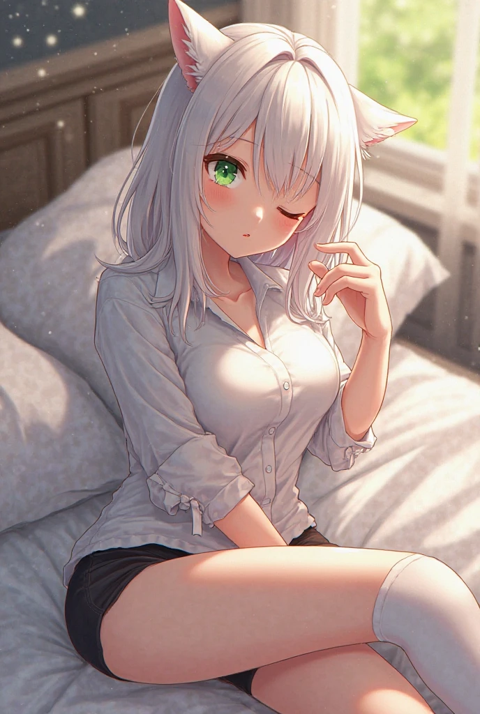 masterpiece, highest quality, High resolution,Anime Style、Silver Hair、Wolf ears and tail、long、Sit on the bed、Looks sleepy、Droopy eyes、Yawn、Open the front of your pajamas, which have a very deep neckline