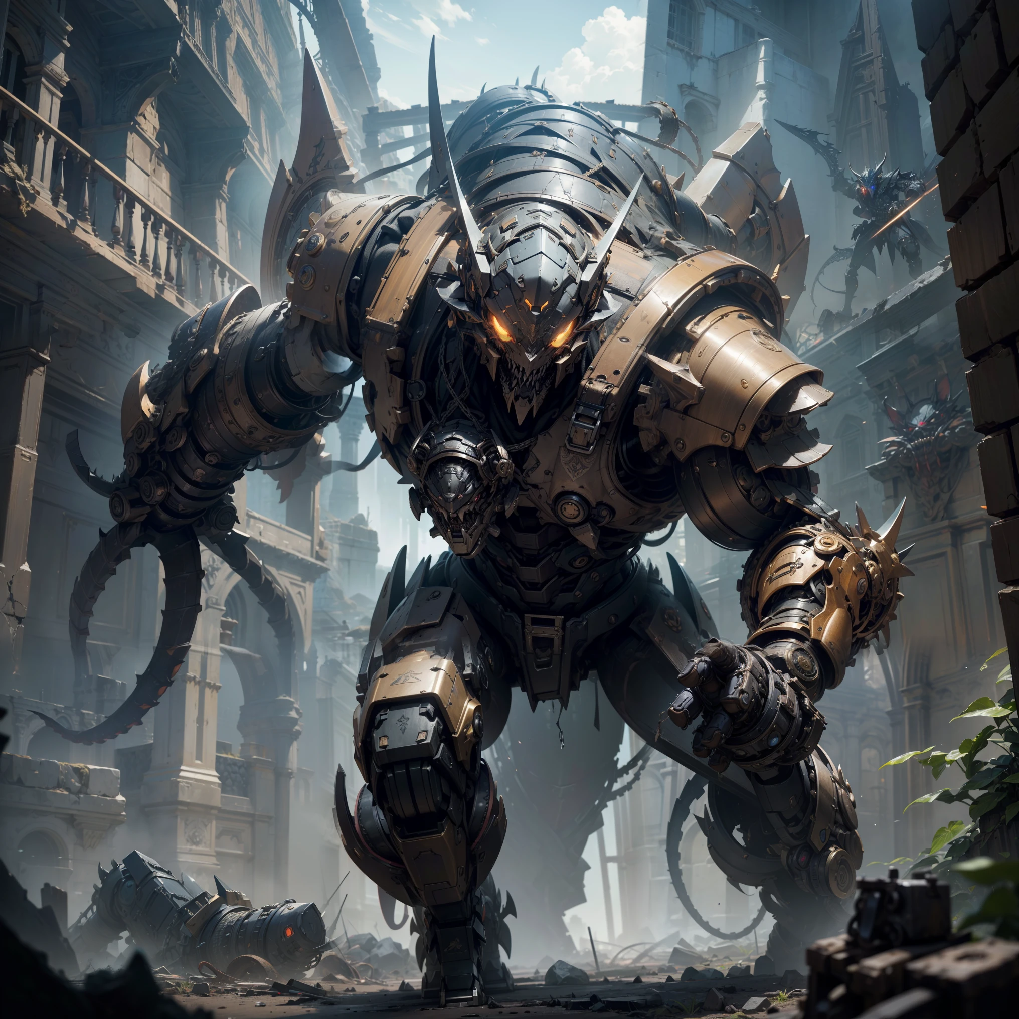 (Best Quality, 8k, high resolution, work of art: 1.2), ultra-detailed, (realista, photo-realistic, photo-realistic: 1.37). A next-generation Transformers dragon, with a high-tech, steampunk automaton design, chamado Mining Shield Aegis Platinum. This robot is incredibly detailed with dark tones, Intricate mechanisms. Next to him is an Aberrant mangual Weapon, A nightmarish creation ready for action. The weapon is a grotesque monstrosity with twisted tentacles that end in sharp teeth and lethal blades.. It is adorned with frenzied eyes, stitched human arms and tentacles that writhe like snakes. Despite being chained, The weapon displays an expression of extreme madness and disturbing glowing eyes. The setting is an abandoned castle, with damp stone walls and an oppressive silence. mangual&#39;The Aberrant Weapon is a cursed relic, ready to unleash destruction at any moment. The image is captured with epic and dramatic cinematic lighting, highlighting the hyper-detail and photorealistic nature of the scene.