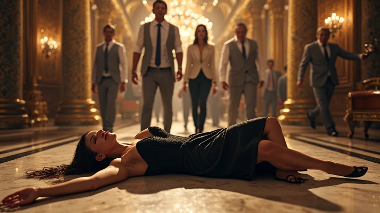 beautiful woman with black dress and black high heels kicks lying man in the face