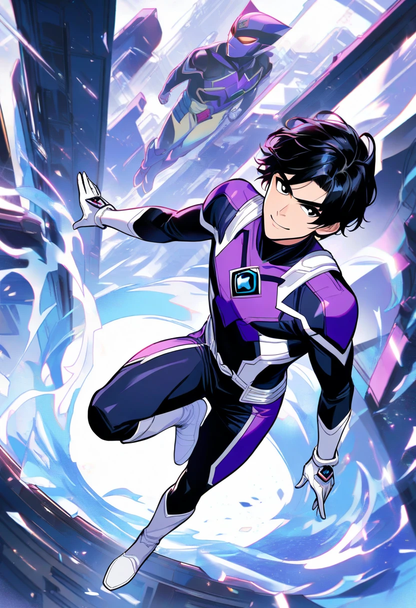 Magical smiling male water boy with dark blue hair in tight full body bluewetsuit in the sea, with noticeable wetuit bulge