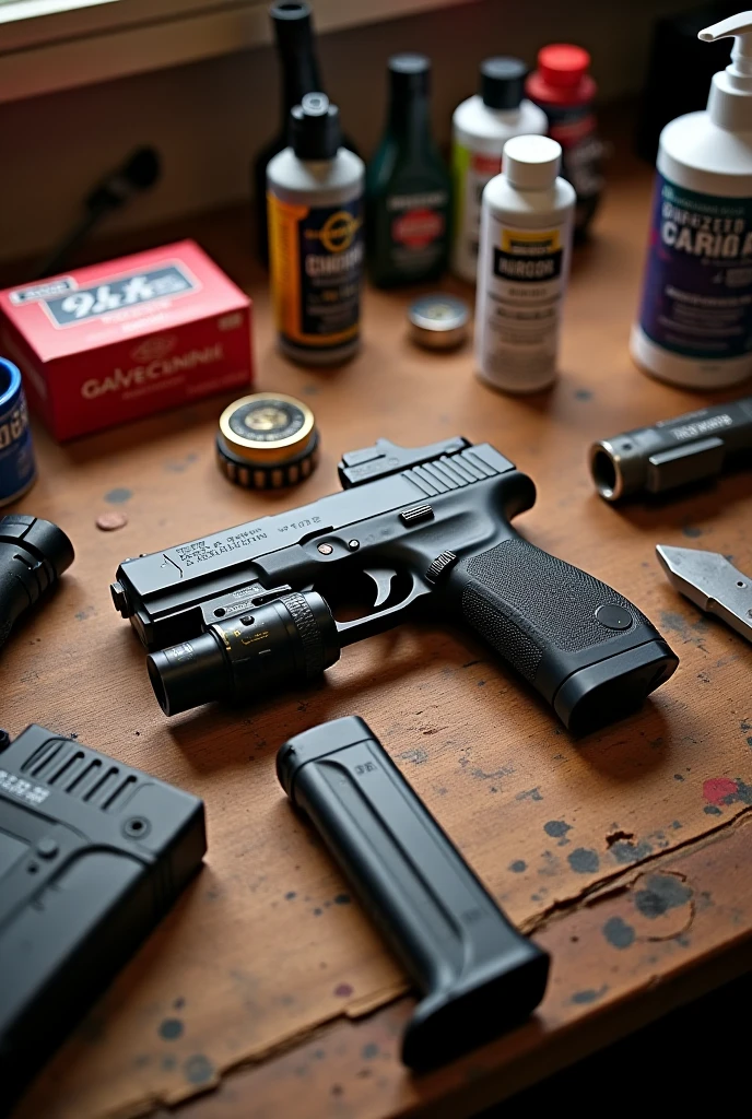 A photo of a gun being cleaned and assembled on a table with various tools and cleaning supplies scattered around.,Hitman series,Agent 47 is bald. 47's typical attire consists of a black suit, black leather gloves and shoes, white dress shirt, and a burgundy tie.