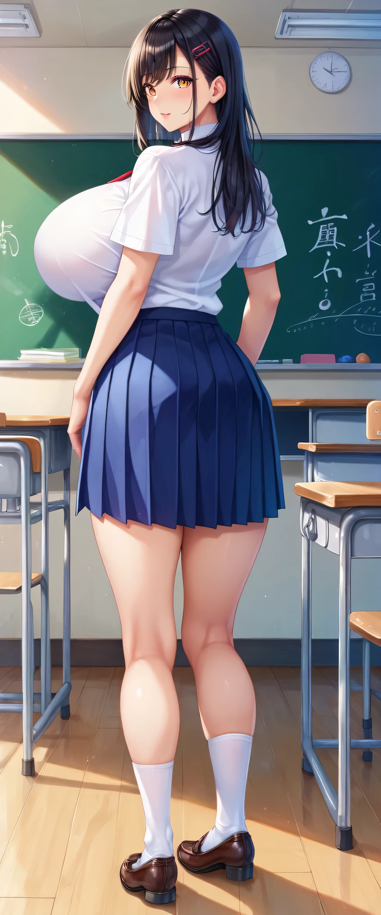 (master piece, best quality, detailed, absurd:1.2), 1 Japanese woman, high school girl, (With bangs, straight long black hair), beautiful character design, perfect face, beautiful eyes with attention to detail, brown eyes, ( school uniform,White collar shirt,pleated skirt), (垂れた huge breasts:1.0), (In a classroom where no one else is), ( back view:1.3), orbital space, (full body:1.2)