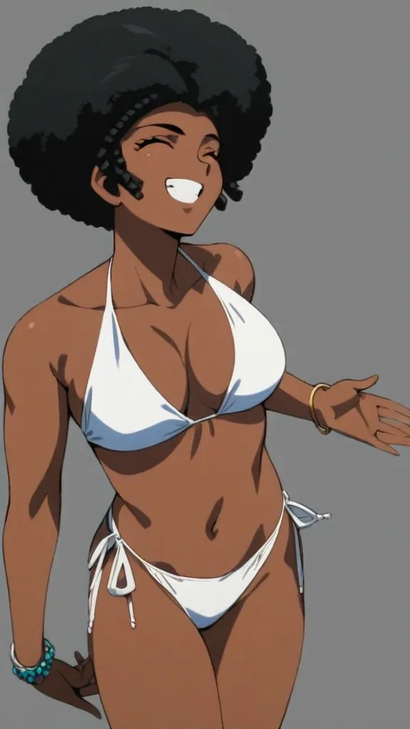 score_9, score_8_up, score_7_up, score_6_up, score_5_up, score_4_up, raw photo, realistic, 3/4 body, <lora:RWSara01:.9>, RWSara01, standing in an onsen, facing viewer, bandeau top, highcut thong, smile, dark skin, gray eyes, small breasts, mature female