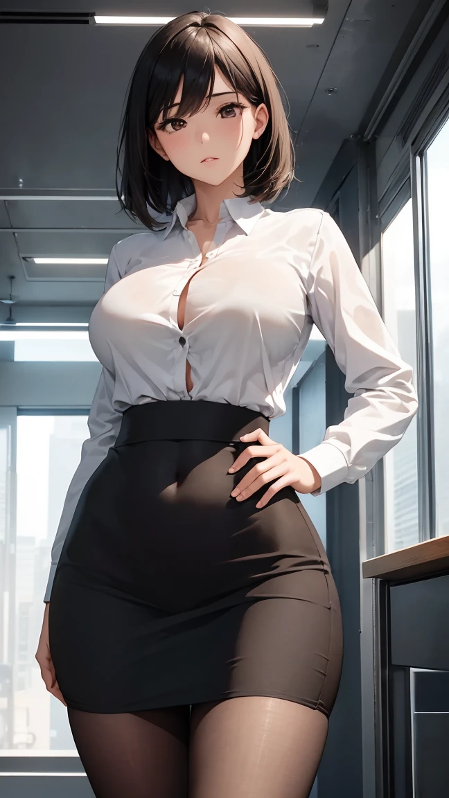 (highest quality, 8k, Tabletop, Ultra HD: 1.3), One Girl, ,Black Hair, Blunt bangs, Hair behind the ear, Hair that falls over the shoulders, Long Hair, The glamorous figure of a gravure idol, Ultra Fine Face, Delicate lips, Beautiful Eyes, double eyelid, lipstick, Light blush ,Brown eyes ,Perfect glowing skin,Perfect Skin,White skin,sweating,An inviting gaze, Collared shirt, Tight Skirt , Beautiful feet ,pumps. office、((((very accurate anatomy))))、((((Natural Hands、Natural Fingers))))、(((A very large face and larger breasts:1.65)))、