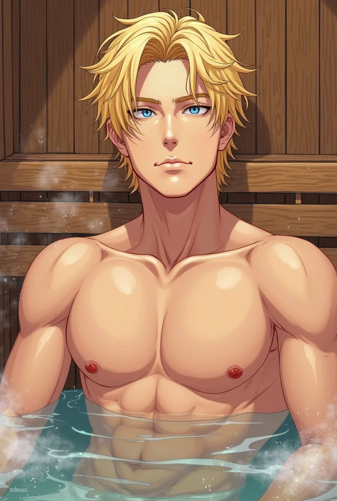 masterpiece, best quality, ultra-detailed, texture, detail eyes,8k,Naruto_Uzumaki, Blond hair, chama kou, highres, looking at viewer, male focus, muscular, muscular male, smiling face, Blue eyes, short hair, detailed eyes, detailed face, (masterpiece:1.4),(best quality:1.4),(shiny skin), jungle, male, gay, mooth and sharp focus,( Naruto_Uzumaki, Blond hair, Blue eyes, smiling face, looking at viewer, look from down, Standing, showing off your Belly , Both hands touching belly, masterpiece, best quality, male focus, upper body, Wet body, Wet body, (((XXL penis))), nsfw