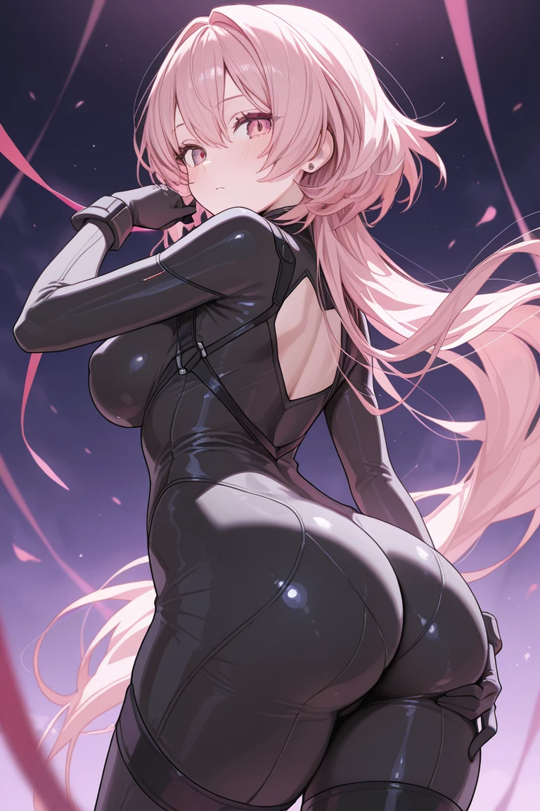 Pink hair girl with yellow eyes, smiling shyly, with a very sexy black bunny suit, very big breasts and big butt, white and thin, The suit has transparent tights that show off her skin from her legs to her beautiful ass., He makes a pose where he takes off his shirt and brazzier, revealing her beautiful and big breasts 
