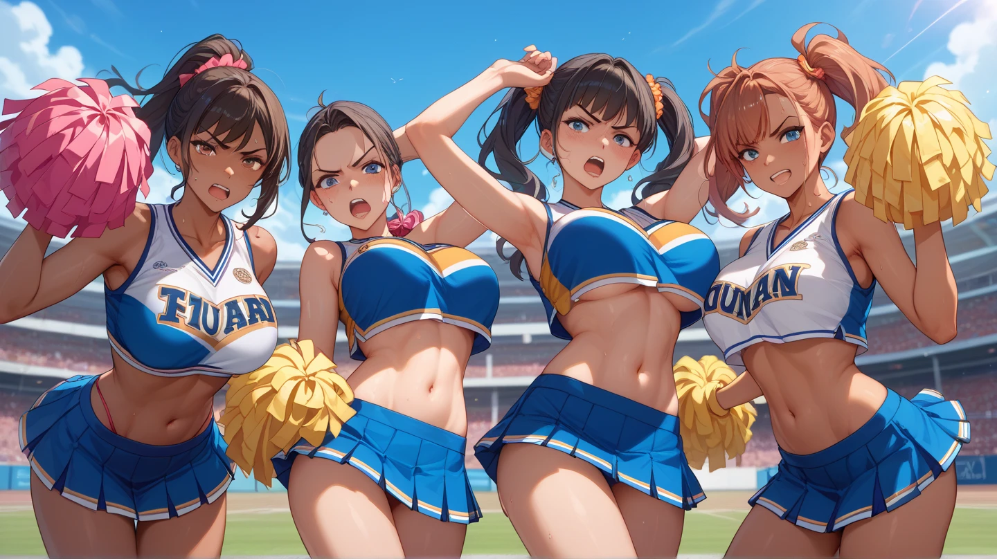 a group of large breasted cheerleaders are bending over revealing their white panties to the crowd