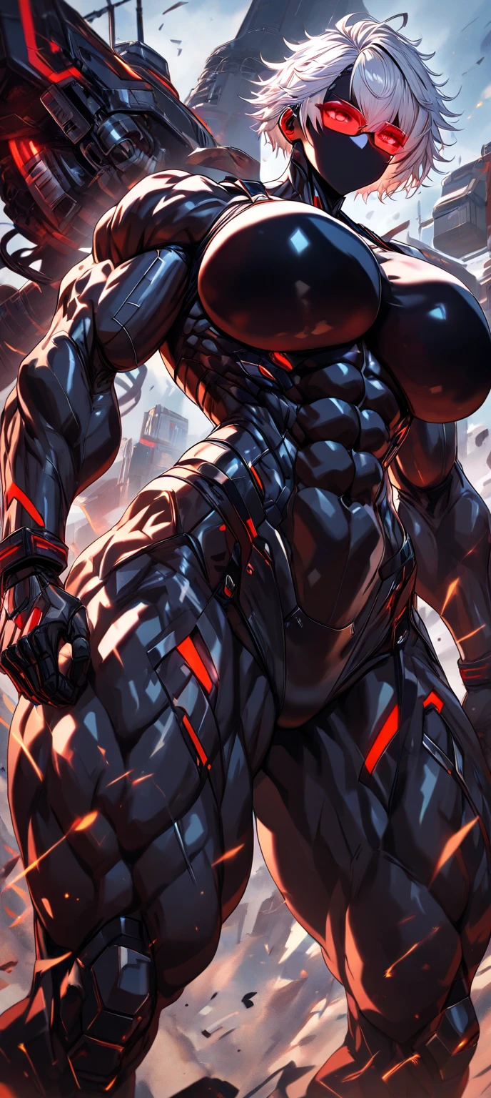 The subject of the image is a man with short black hair and red eyes. While being raped by the machine, the man's mouth and anus are violated by tentacles made from the machine, and his body floats in the air. Mechanical Rape, Man, the focus is a naked man tied to several thick wire cords and suspended in the air. Dim lighting, mechanical tentacles running around, raping the man as if he were a living thing. Deep throat, penis, semen flowing from anus, anal, man getting fucked. Torn clothes, dripping mucus, and a thick mechanical cord in his mouth. A man is anally raped by a thick mechanical tentacle.