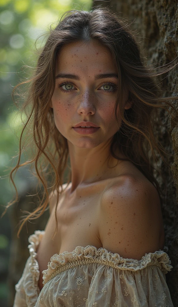 (Realistic:1.5), photo shot on Nikon D850, 16k, full body shot, masterpiece, Detailed, breathtaking, atmospheric perspective, diffusion, 80mm Sigma f2, depth of field, film grain, (((high resolution))), (((extremely detailed))), (cute woman, greyscale photo), little smile, sweet, (ultra-detailed), looks like Emily Jane Browning, sexy, pleasure, (in the dark mystic forest), (detailed eyes), (lifelike skin texture), slim physical, by Steve Hanks, looks at viewer, cinematic light, depth of field, dark fantasy unrealistic background), (freckles:0.5), detailed intricate eyes, depth of field, 35 mm, analog photo style, dark atmosphere, messy hair, most small details, hair ornament