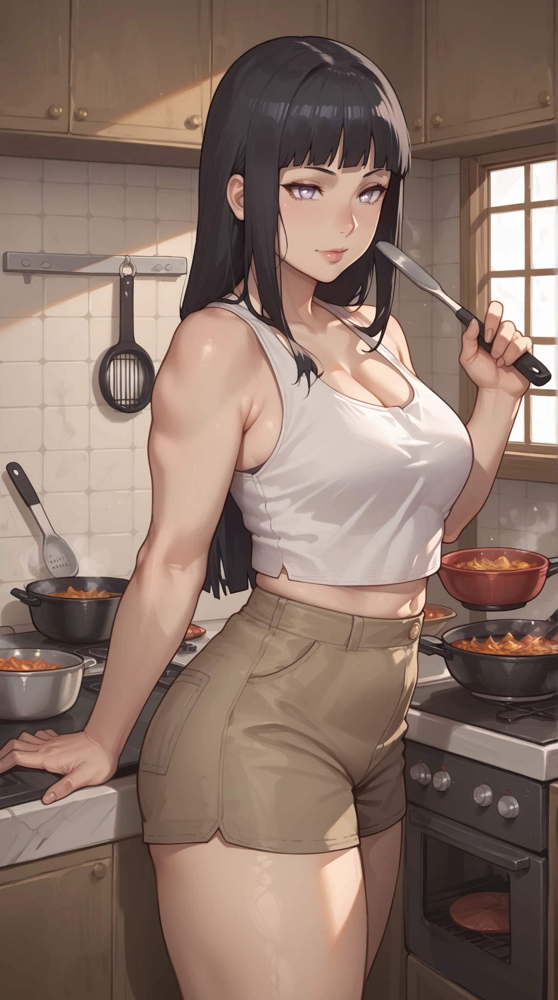 beautiful woman, sexy, perfect body, slim, thong and tshirt, cooking, (((man taking off her thong)))