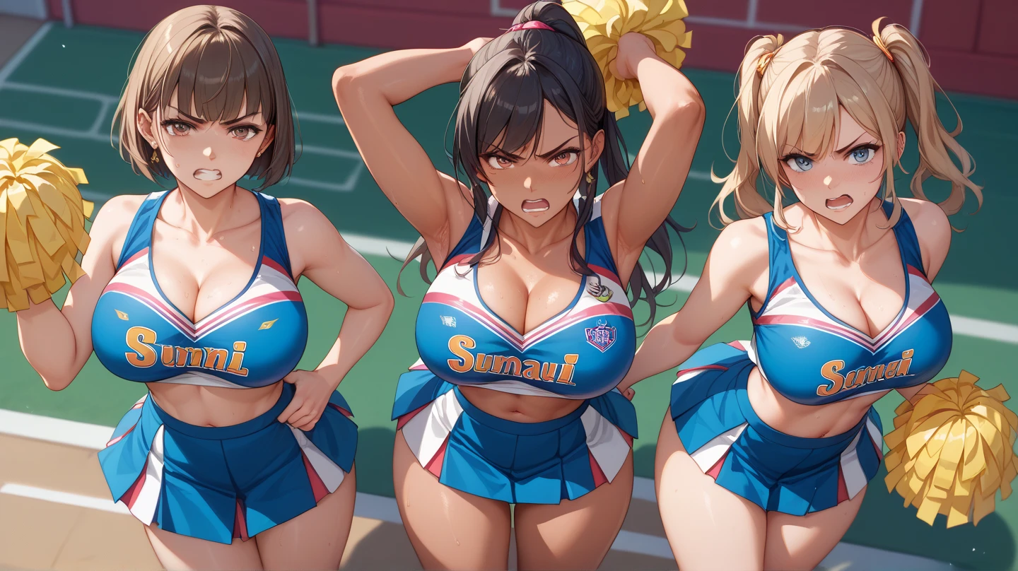 full shot,20-year-old,((3girls)),multiple girls,standing in line:1.2,side by side,Japanese,(ponytail hair:1.2),beautiful face,smiling, tiny tits,(nipples:1.2),navy cloth, (((wearing cheerleader outfit))),skirt,breasts cutout clothing,holding pom poms:1.2), stadium, (((dancing))), cheering up the crowd,(natural skin), realistic hair, Realistic detailed face, realistic skin, (realistic, photo-realistic:1.37) extremely detailed CG unity 8k wallpaper, beautiful detailed girl,<lora:JapaneseDollLikeness_v15:0.1>, <lora:flat2:0.2>, <lora:2BoutOval-Dim64:0.6> <lora:MultipleGirlsGroup:0.3>