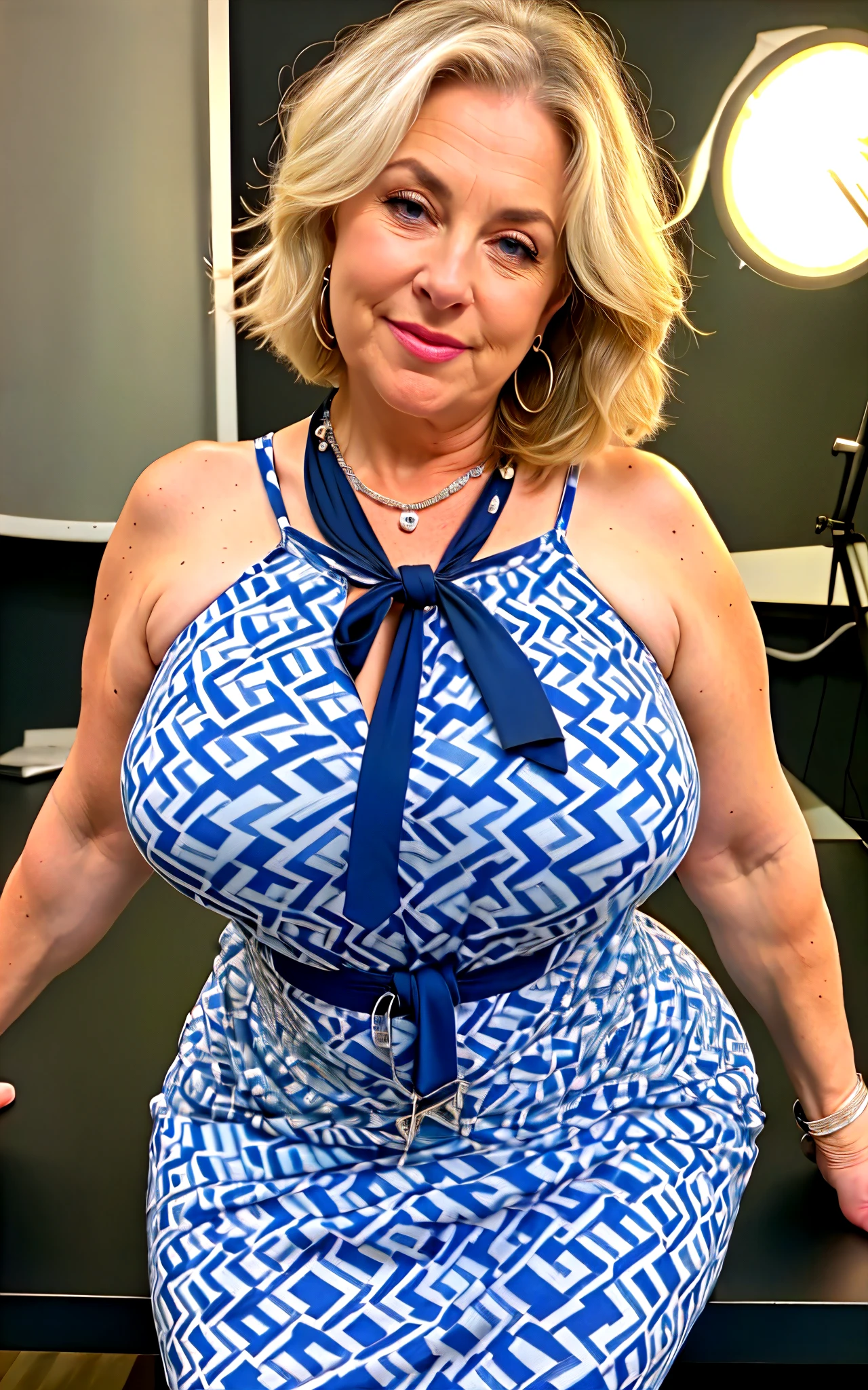 1 mature woman in, 60 years old, Alone, medium casual hair, Bob hair, curvy body, Looking at Viewer, grayblondehair, Bare shoulders, Brown eyes, jewely, Full body, a necklace, off shoulders, (wearing elegant patterned blue heart tie dresses ), Distant photo, Realistic, A sexy one, beautiful colour, Perfect skin, 3 bust size, instagram (Realistic, A high resolution),photo size 3:4, 1 cute sexy mature woman, large expressive blue eyes, happy, (8K, raw photo, Best quality, High detail, curvaceous forms, curvy body, seductive pose, in the studio Foto with three ports lighting, with black wall background.