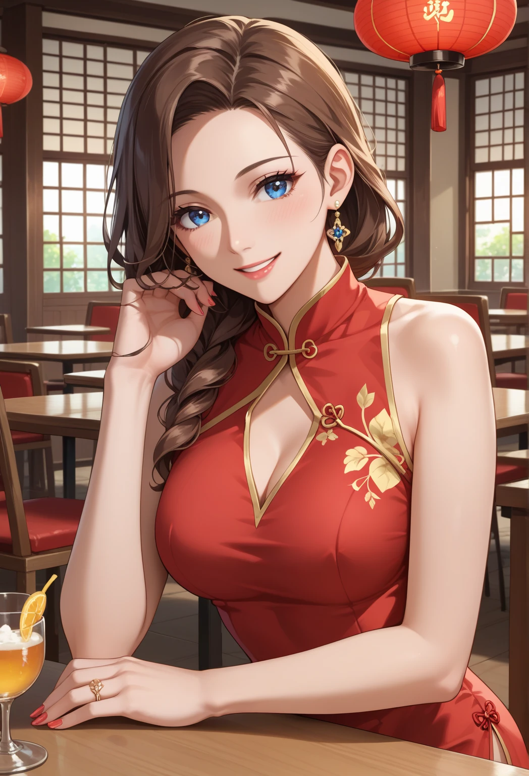 (Highest quality,4K,8K,High resolution,masterpiece:1.2),Super detailed,A 32-year-old woman、(((mature female))), (((milf))), (((tareme))), Best Bust、large breasts, Beautiful Eyes、orange hair、moss green eyes、Red lips, ((pony tail)), (drill hair), ((forehead)), Look at the photographer、 Very cute face, Glossy Lips, Double eyelids on both eyes,Natural smile、 Natural Makeup, Long eyelashes, Shiny and smooth hair、Center image, Perfect limbs, Perfect Anatomy,(((Red see-through rubber cheongsam))), At a fine dining restaurant