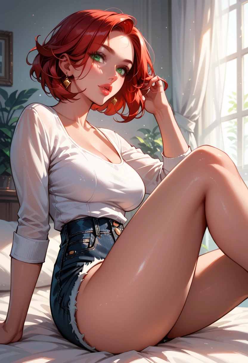 (Masterpiece:1.2, Best Quality, high resolution) a 21-year-old girl masturbates in her bed, 1 girl, Alone, Red hair ,long hair,willpower_water, perverted, red eyes shining , Shirt completely unbuttoned and skirt out, hairy pussy, wet pussy, groan, excited, orgasm, masturbation. feminine, barefoot, sitting, opening your legs, vaginal fingering, thinking about someone, wet pussy