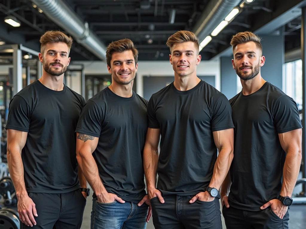 Three muscular men, the first man with goat head, the second man with ferret head and the third man with white mouse head, in gym pants