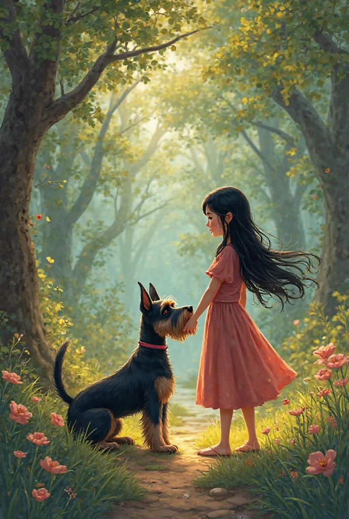 Medium Schnauzer dog and a black-haired girl, Trigueña wearing a rosewood dress between peach,in a forest background
