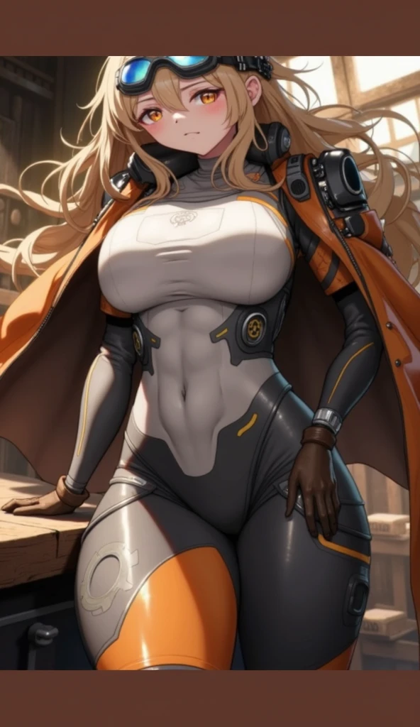 (Masterpiece, best quality), (highres, ultra-detailed), ( perfect anatomy), outdoors, 1girl, solo, sela, large breasts, tan, necklace, white sleeves, muscular, , full body, vest, pants, coat, pullover, boots, body suit, big robe,black body suit, robe, pullover, coat