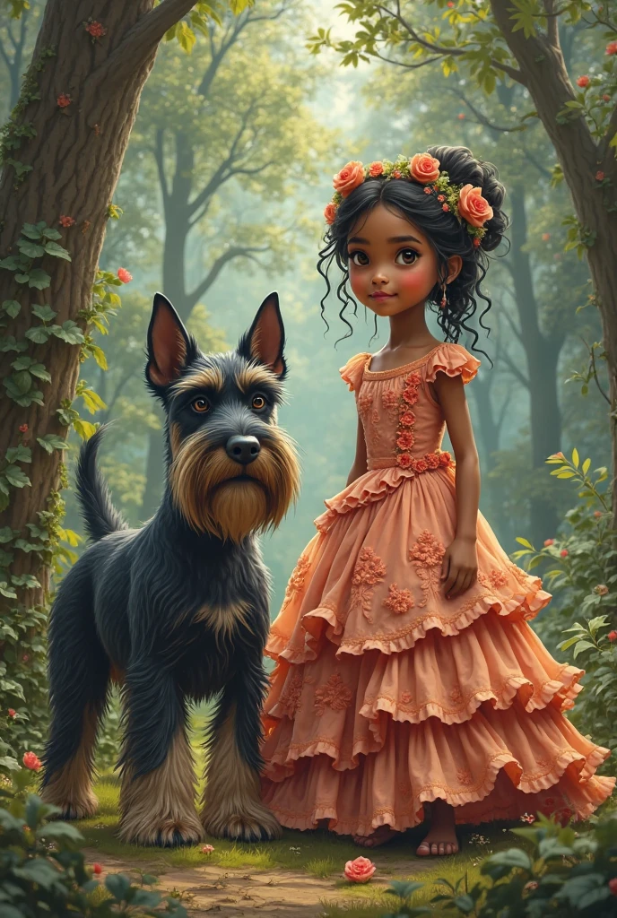 15 year old African american girl in flowery dress with bows on head, (normal 8k eyes),holding a puppy standing,side angle,forest background,vibrant colors16k ultra realistic detailed