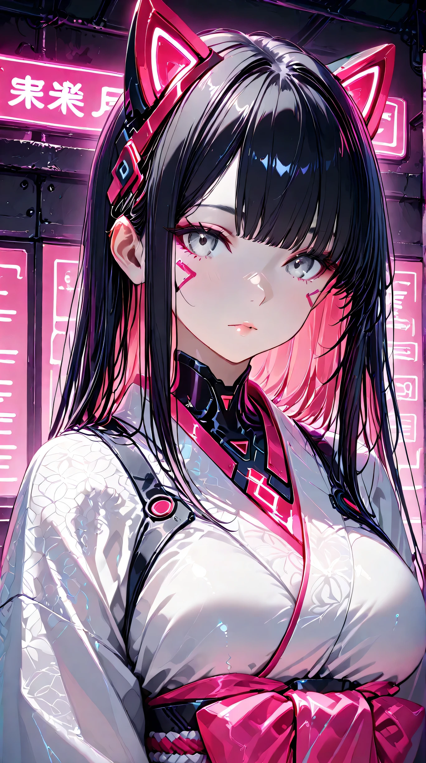 Masterpiece, Best Quality, Top Quality, Very Detailed, 1 girl, A hyper-realistic anime-style portrait of a futuristic cyber geisha girl. She has pale porcelain skin, sleek black hair with straight bangs, and intense grey eyes with red neon reflections. Subtle circuit patterns glow beneath her skin. She wears minimalistic tech-enhanced headgear with soft pink neon lights, and a white kimono with cyberpunk detailing. The background is minimalistic with soft grey tones, allowing the glowing pink lights to stand out. Her expression is calm, mysterious, and doll-like. Ultra-detailed skin texture, glossy lips, soft lighting, cinematic composition, futuristic aesthetic.