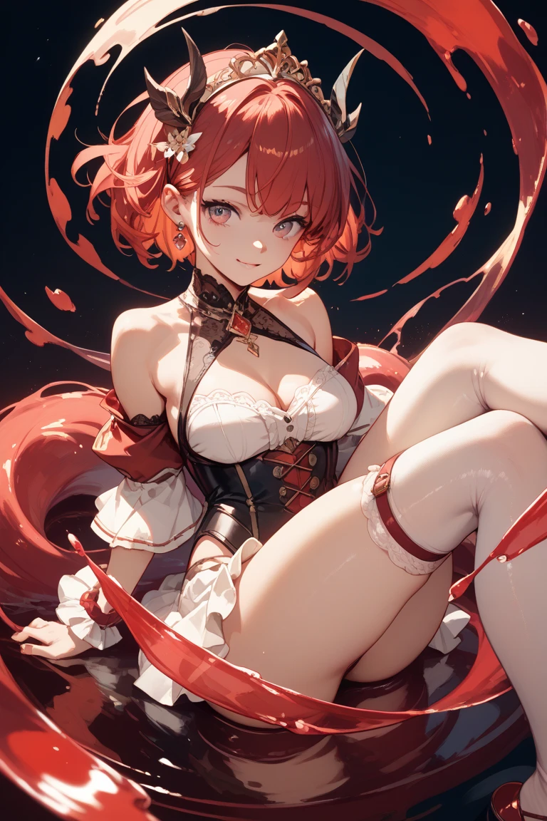 Fox girl,Cat girl,Skinny,breast reduction,lying among colorful flashes, among colorful, soft colours background, stroking own chin,reaching,arm at side,knees together feet apart,red hair,medium hair,ahoge,red eyes,White skin,evil seductive,smug, open mouth, cute anime fangs, subtle blush, dress,corset,skirt,dirndl, suspender skirt,thigh strap,boots,tiara,earclip,choker,elbow gloves,fingerless gloves,gloves,medium Dress,Corset,View From Above,Overhead View,Red,White,Brown,Elegant,Eye Makeup, laying ,Cute, cute eyes, profile wallpaper, earclip, soft colors background, Efecto de colores alrededor, surrounded by colorful lights, pastel colors background, liying on colorful bed, colorful blankets, bed sheet background