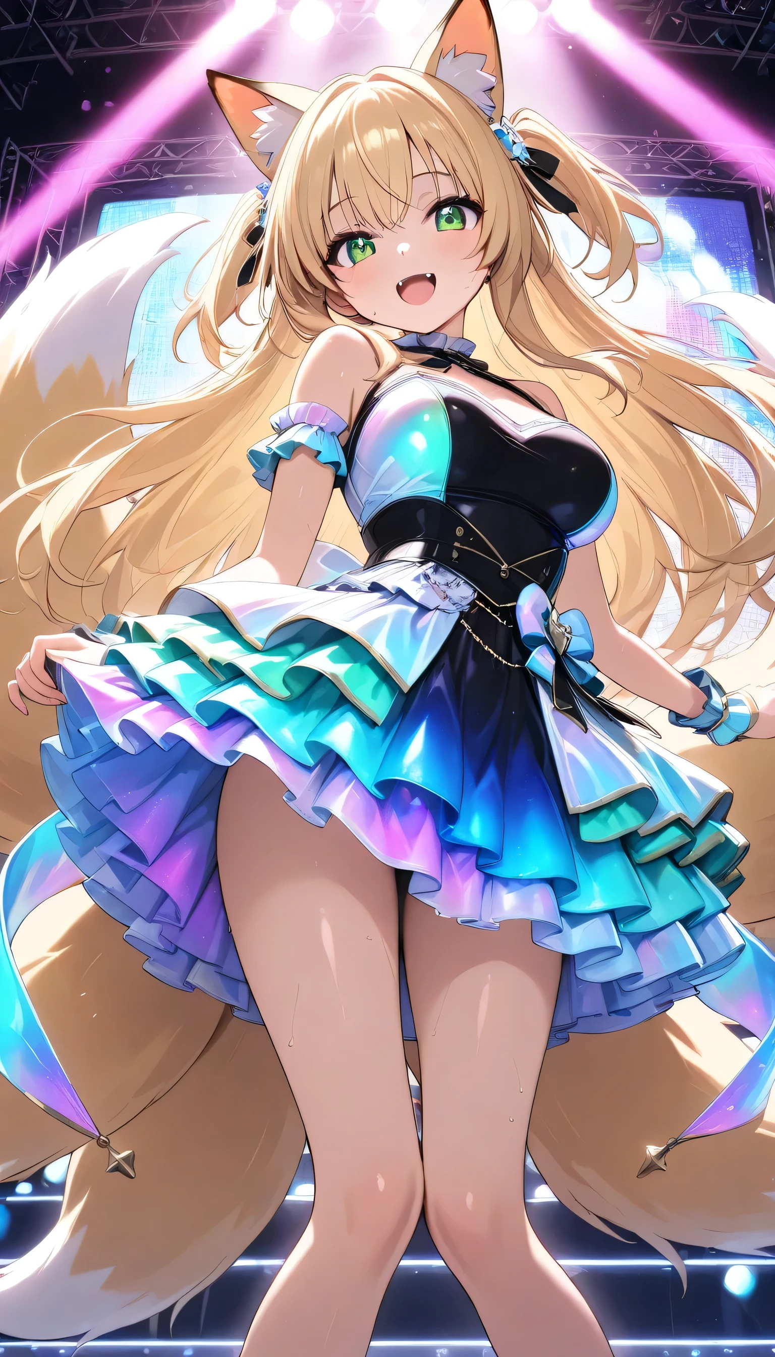 score_9, score_8_up, score_7_up, score_6_up, score_5_up, score_4_up, Embarrassed, (masterpiece:1.3, perfect details:1.3, best quality:1.3, 8k wallpaper), ((beautiful detailed eyes, clean eyes)), source_anime,
((1girl, fox girl, blonde long hair,multiple tails,fox tail,fox ears, medium breast, green eyes, mouth with fangs)), (wet skin), looking at viewer, idol dress, singing on the stage, ((green Idol costumes, iridescent gradient dress, Iridescent Gloss Gradient dress)), idol-themed scene featuring young performers in dazzling, The performers should have dynamic, expressive poses, sparkling accessories, set on a glamorous stage with bright spotlights and a lively crowd in the background, steage, live stage, smile, Alluring expression, Music Stage, Festival