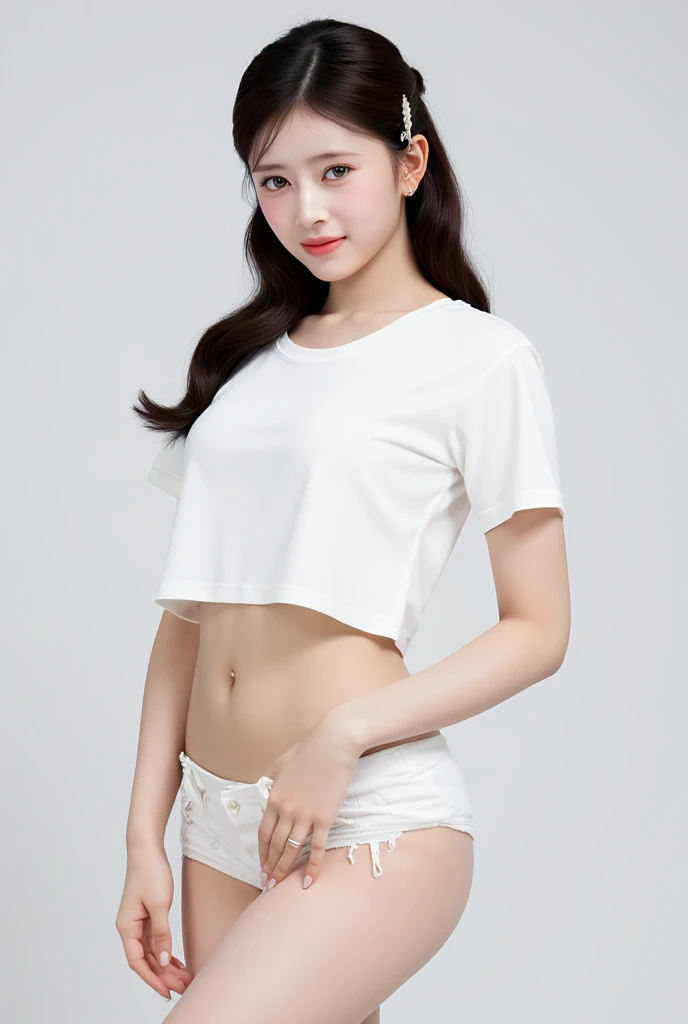 15yo girl、huge-breasted、You're on stage、Simple cloth underwear、A smile、Pubic hair is transparent、Angle from below、white 、Thigh、