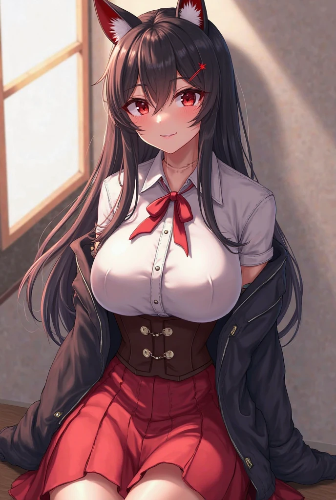 2d, masterpiece, best quality, anime, highly detailed eyes, highly detailed face, highly detailed background, perfect lighting, (full body), 1girl, kaguya-sama wa kokurasetai ~tensai-tachi no renai zunousen~, shinomiya kaguya, black hair, red ribbon, hair ribbon, red eyes, white shirt, open shirt, underwear, bra, pink underwear, black skirt, small breasts, school, expressionless, blush, sitting, no shoes