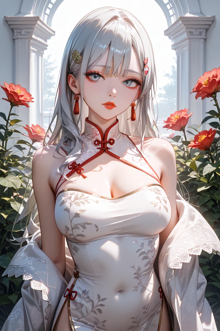White hair、red eyes、Beautiful girl alone、Fluffy dresses、off shoulders、Western-style castle、Bright red roses、((fox ears)),steam,wet clothes ,china dress