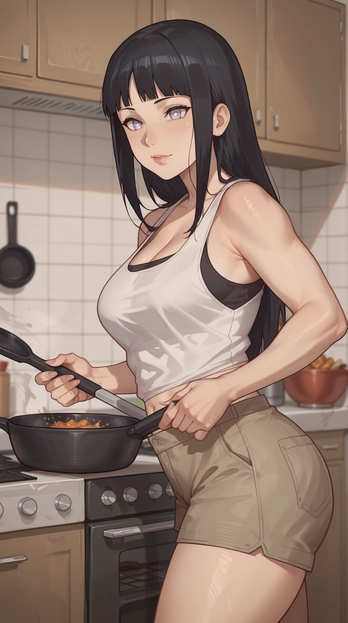 hyper-realistic, kitchen, female, Asian face, long hair, full body, strong muscles, vest line, naked upper body, scar face,