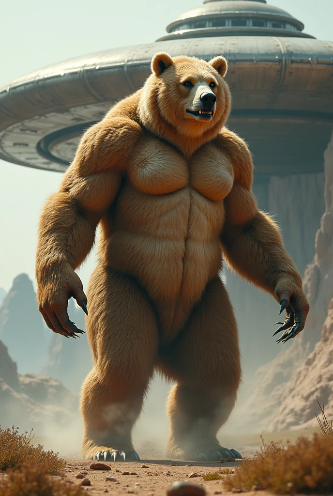 furry, fur taur, huge bear, beartaur, middle-age, solo,1man, detailed face, bear ears, bear eyes(green), bear nose(black), bear mouth, garibaldi beard(grey), hair, mature hair(grey), detailed arm, thick arm, forearm hair, muscular, thick hands(5 fingers), thick claws, detailed body belly, thick body, brown skin, muscle belly(white), thick chest, chest hair(white), nipples, detailed taur body, thick taur body, waist hair, thick bear paws, bear paws hair, thick bear claws, thick bear tail, bear tail, full body shot, standing in the spaceship