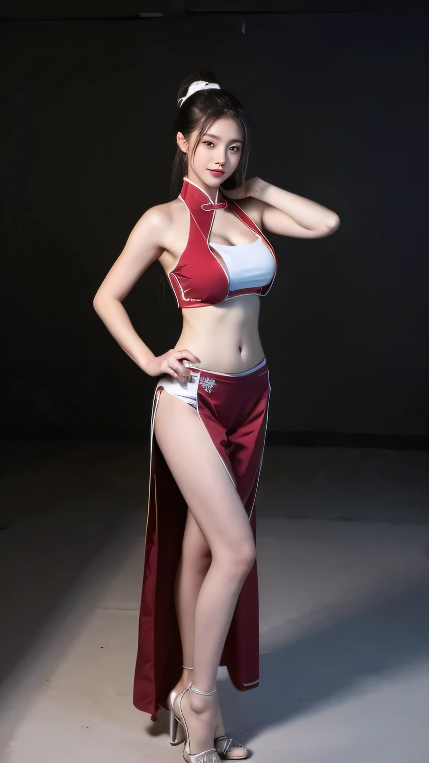 beauty,sexy,cute,Chinese costume girl,Martial Arts Style Girl,Passionate,Black Red Color Hanfu,(bandages around hands),ponytail hairstyle,Hot blooded smile(layers of clothing full of details,Texture,Chinese elements,Bellyband,Cleavage,belly button),(Fleshy and plump),(Slightly fat),Abdominal muscles,Clear arm muscles ,Cultivation style,sense of grandeur,full body,Standing Boxing Pose,white studio background,Mood Light
