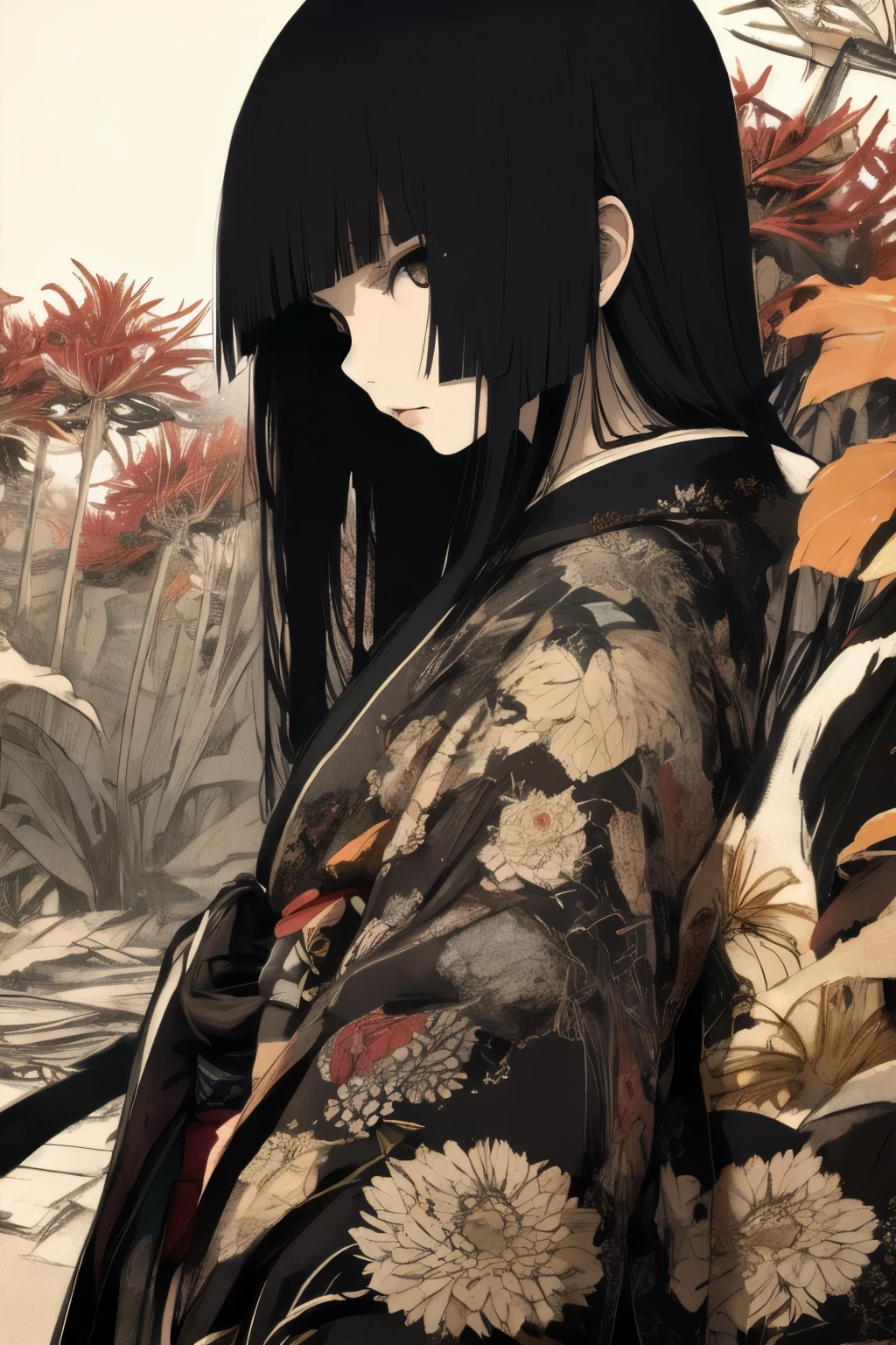 red Spider lilies, Enma Ai, Let your hair down, black hair, bungs, blown eyes, ((masterpiece, Best Quality)), very well detailed, shape, one girl, alone, high resolution, realistic, high resolution, (Original shape composition), (limited edition color fusion,Maximalism Art Style, Kimono Fashion, Shade, background black