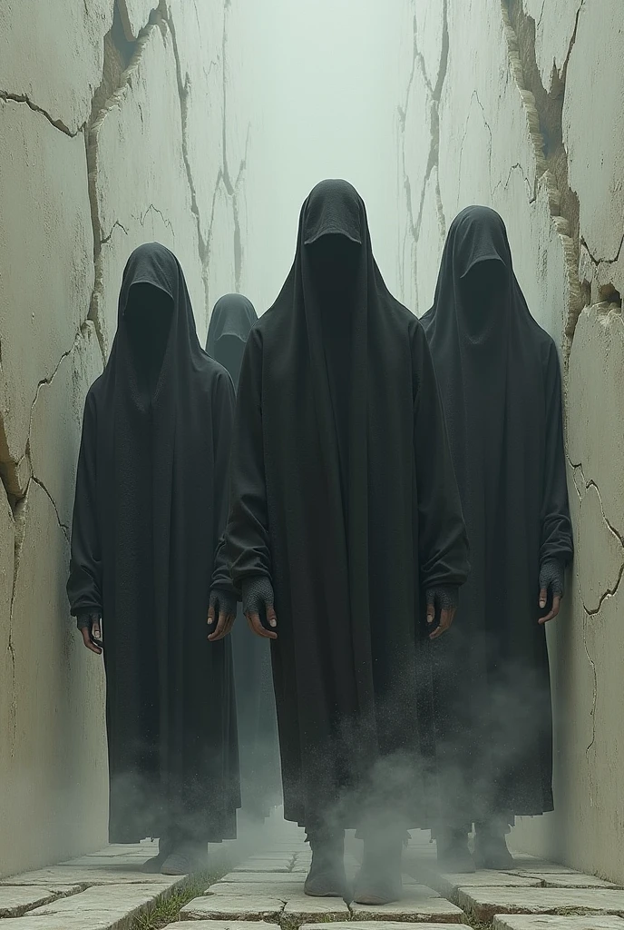 7 man standing in full black old generation dress and wear black Mask landscape
