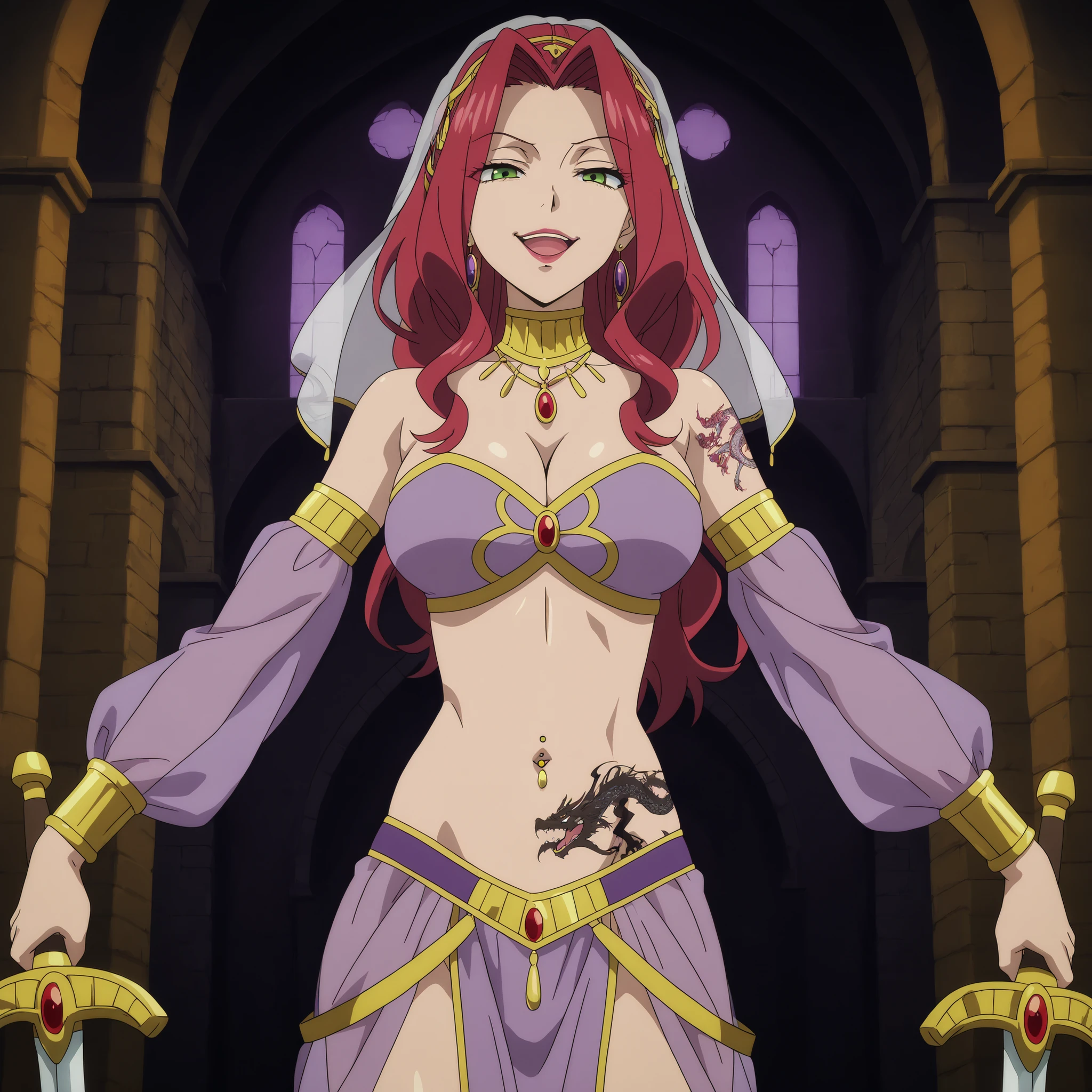 wearing edgMes,harem outfit, navel,jewelry,dancer veil,Malty Melromarc (The Rising of the Shiel) beautiful body,athletic body, beautiful breasts, ,visible private parts , ultra detailed image, anime image ,girl, anime malty, excitement, red hair, green eyes , ear piercing, long hair, , lipstick,Hot girl, baddie, sensual, attractive , ,jewelry, earrings, large breasts, long hair, castle, castle, masterpiece, best quality, highly detailed ,gold_choker, complex detailed background, inside, holding a sword, sword,harem_outfit,navel, necklace, pelvic_curtain,revealing_clothes, veil, masterpiece,best quality,mature,evil smile ,necklace,pendant, (nsfw) not safe for work, exposed belly, exposed navel, midriff, exposed lower belly, ,cleavage, ,,dragon tattoo, narrowed eyes, tattoo midriff, large breast, navel piercing, open mouth,open arms sideway, arms T-pose, smirk, standing, anime girl T posing,anipai_style , anime screencap , anime coloring