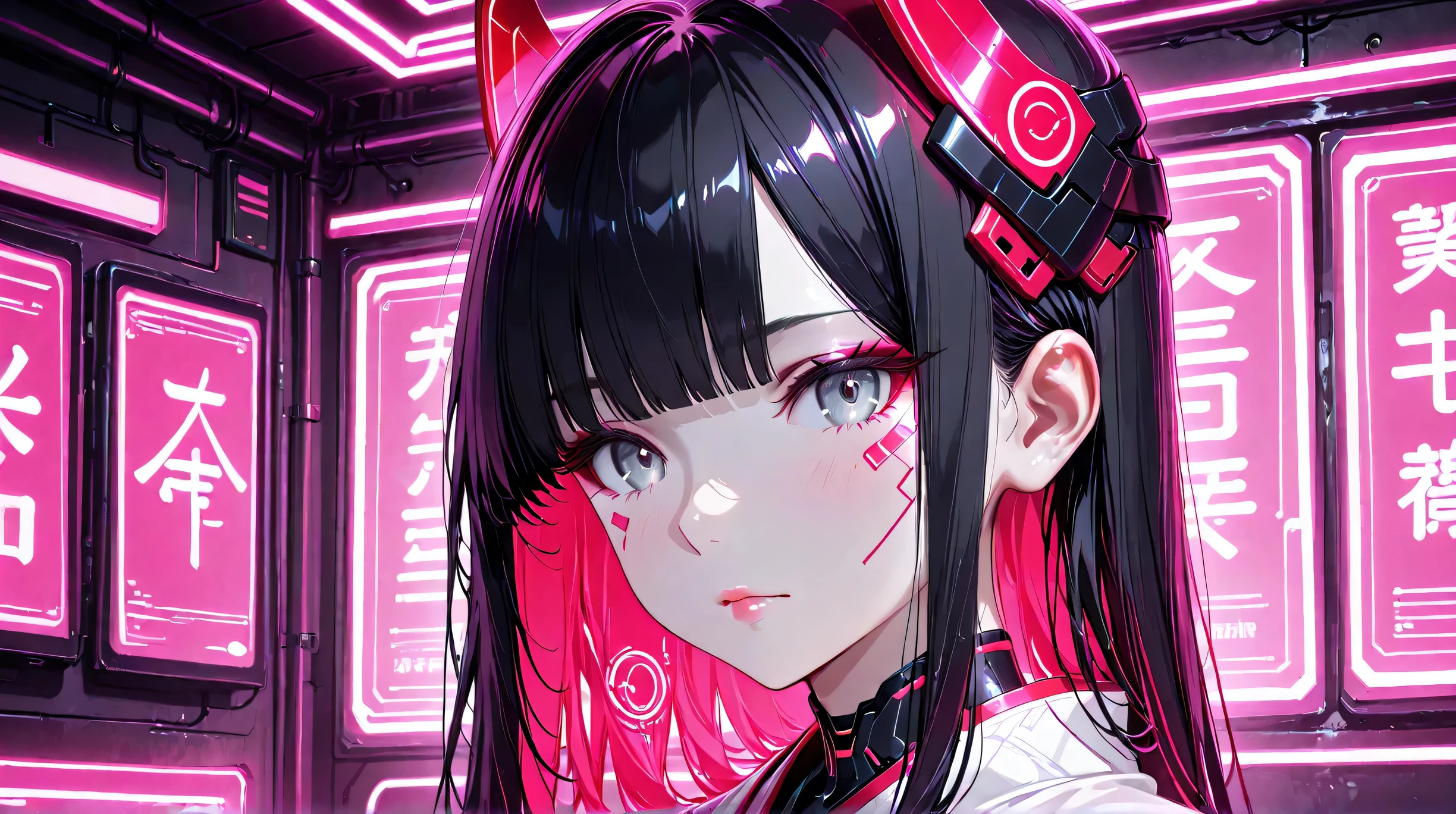 Masterpiece, Best Quality, Top Quality, Very Detailed, 1 girl, A hyper-realistic anime-style portrait of a futuristic cyber geisha girl. She has pale porcelain skin, sleek black hair with straight bangs, and intense grey eyes with red neon reflections. Subtle circuit patterns glow beneath her skin. She wears minimalistic tech-enhanced headgear with soft pink neon lights, and a white kimono with cyberpunk detailing. The background is minimalistic with soft grey tones, allowing the glowing pink lights to stand out. Her expression is calm, mysterious, and doll-like. Ultra-detailed skin texture, glossy lips, soft lighting, cinematic composition, futuristic aesthetic.