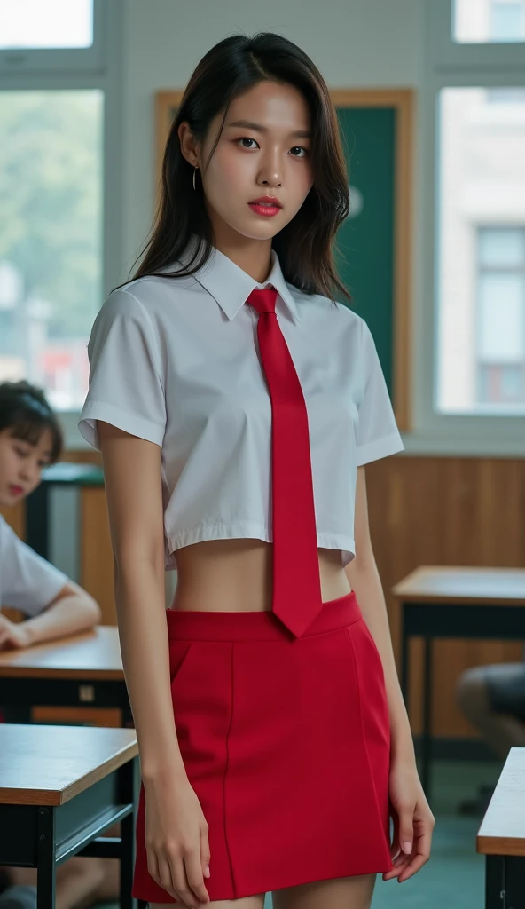 a beautiful 18-year-old Korean lady with short light brown ponytail hair in a Serafuku, tight and moderately translucent shirt revealing large round breasts, slender and curvy figure, beautifully detailed eyes with long eyelashes, double eyelids, and elongated shape, red ribbon tie and short pleated skirt, posing in a football field, with hands behind hips or head. Her measurements are 36-23-34. 8k ultra-detailed, photorealistic, masterpiece portrait.