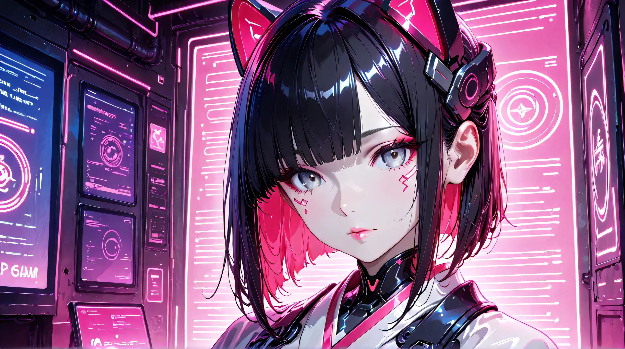 Masterpiece, Best Quality, Top Quality, Very Detailed, 1 girl, A hyper-realistic anime-style portrait of a futuristic cyber geisha girl. She has pale porcelain skin, sleek black hair with straight bangs, and intense grey eyes with red neon reflections. Subtle circuit patterns glow beneath her skin. She wears minimalistic tech-enhanced headgear with soft pink neon lights, and a white kimono with cyberpunk detailing. The background is minimalistic with soft grey tones, allowing the glowing pink lights to stand out. Her expression is calm, mysterious, and doll-like. Ultra-detailed skin texture, glossy lips, soft lighting, cinematic composition, futuristic aesthetic.