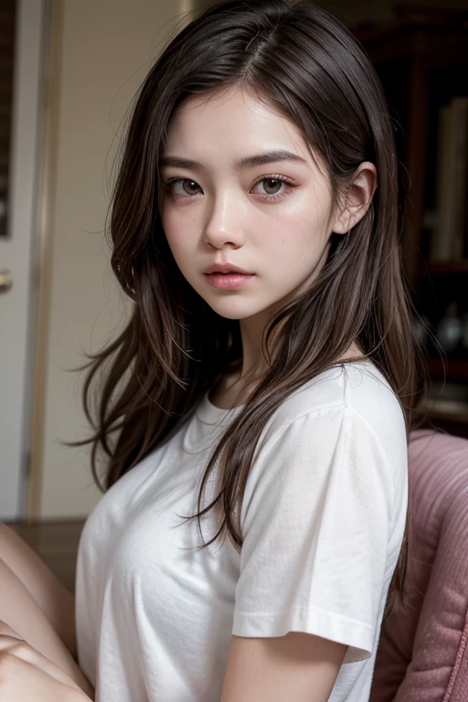tmasterpiece,top-quality,offcial art,Highly detailed CG Unity 8K wallpapers,like a college girl,20 years girl,Very delicate beautiful,超A high resolution,(realisticlying:1.4),Golden Hour Lighting,(The upper part of the body),(Platinum Long Hair:0.8),(Puffy eyes),looking at viewert,facing front,ssmile,Everyday clothes,(chiayi:1.5), tmasterpiece, best qualtiy, RAW photogr, realisticlying, faces, incredibly absurd res, Buatigarh, depth of fields, hight resolution, ultra - detailed, finedetail, Very detailed, extremely detailed eye and face, Sharp pupils, pupil realistic, tack sharp focus, cinmatic lighting、laying on a couch、A dark-haired