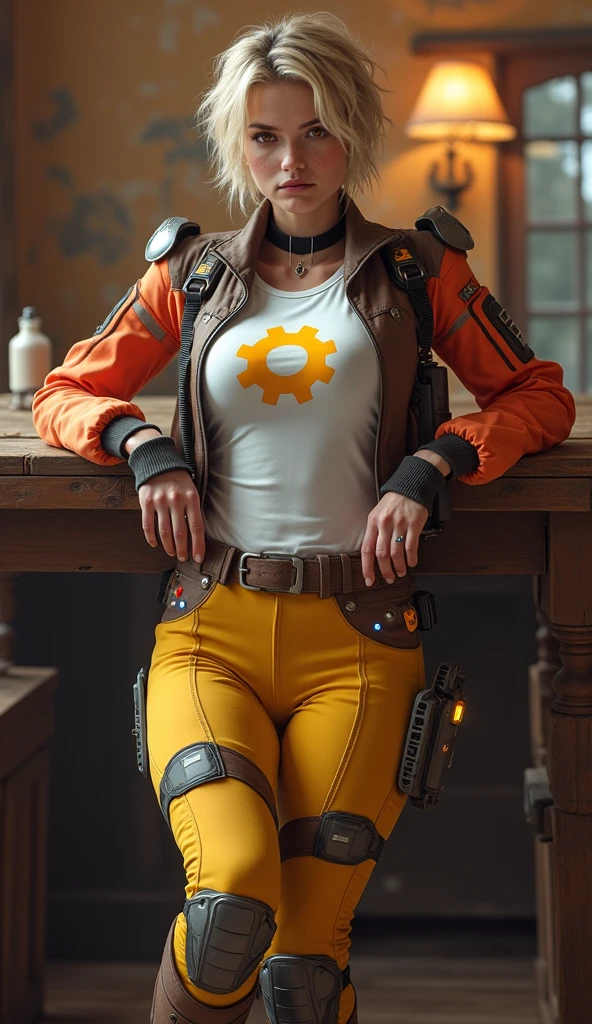 A beautiful woman holds a burger in her left hand and a screwdriver in her right