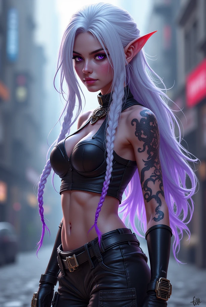((Beautiful man:1)) , ((dark skin:1)), ((extremely long hair:1.5)) , ((pale pink hair:1.3)) , ((male features:1.2)), (((male:1))) , full lips , light blue eyes, ((Skinny build)) ,effeminate , ((has a center part in hair:1.2)),((straight hair:1.3)) , ((crop top:1.5)), Bishounen, possess delicate and androgynous features , as a male , small waist, thin , ((femboi:1.3)), ((femboy:1.3)), ((big lips:1.3)) ((blowout hairstyle:1)) , ((sleek hair:1)), ((has a middle part in hair:1.4)), (((male:1))) , ((pointed ears, elf ears:1.2)), ((flat chest:1.3)),
Wearing an outfit with futuristic elements, seamlessly blended with the Final Fantasy universe. wears a tailored, military-inspired jacket in deep charcoal, adorned with intricate, laser-cut leather panels that reveal glimpses of metallic silver underneath. The jacket features sharp, angular lines and exaggerated lapels, Underneath, sports a form-fitting, high-necked bodysuit in a deep shade of amethyst, with intricate embroidery . tailored trousers in charcoal gray, with sleek metallic accents and pockets, Waist up portrait, white background In art style of Olivier Coipel, Tom of Finland, Sean Platter and J Scott Campbell --ar 3:4 --style scenic --niji 5