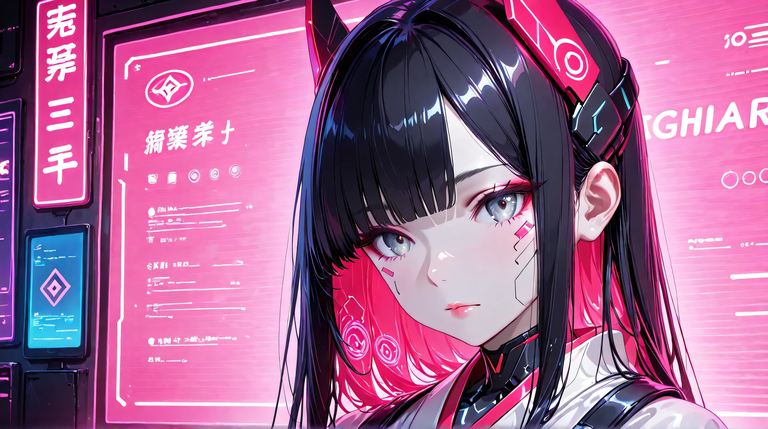 Masterpiece, Best Quality, Top Quality, Very Detailed, 1 girl, A hyper-realistic anime-style portrait of a futuristic cyber geisha girl. She has pale porcelain skin, sleek black hair with straight bangs, and intense grey eyes with red neon reflections. Subtle circuit patterns glow beneath her skin. She wears minimalistic tech-enhanced headgear with soft pink neon lights, and a white kimono with cyberpunk detailing. The background is minimalistic with soft grey tones, allowing the glowing pink lights to stand out. Her expression is calm, mysterious, and doll-like. Ultra-detailed skin texture, glossy lips, soft lighting, cinematic composition, futuristic aesthetic.