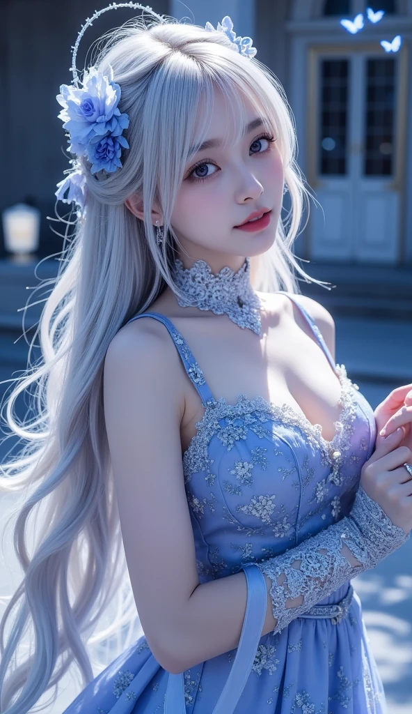 (On top of that),Dynamic Angle,Very detailed, shape, direct, 1 person, (Fantasy:1.4), (Bright Blue Eyes:1.233),Her eyes shone like dream-like stars,(Glowing Eyes:1.233),(Beautiful and delicate eyes:1.1),(Silver Hair:1.14),(Messy Hair,Very long hair,French Braid,Hair between the eyes,Side Lock), (+(flower:1.14)),(Chiffon dress,青いflower柄)/=(:1.24),(Don&#39;sleeveless,Wide sleeves),(gloves),necklace,(Micony high socks),High heel boots,(awkward),(obstinacy), (located in an old white palace、princess bedroom with a vanity and floor-to-ceiling windows),(白いflower,bloom),(Dark Blue World Tree:1.14),(what&#39;Remaining),(night:1.2),dream-like,soul,(fluorescence), [[Thin fingers and hands:0.55]::0.85],(Finger details),(Soup dumplings:0.5)、beret、Escape、18-year-old、Large Breasts, Highest quality, Very detailed, Beautiful light, Beautiful views, Mild hot flashes, smile, ((masterpiece)), (Japanese Manga:1.5), ((Highest quality)), (RAW Photos: 1.2), (Professional photography:1.2), whole body, 8k, From the side, Wide-angle lens,