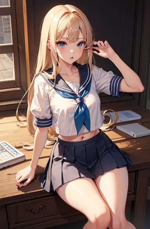 8K, Best Quality, Masterpiece, Ultra High Resolution, (Realism: 1.4), Original Photo, (Realistic Skin Texture: 1.3), (Film Grain: 1.3), (Selfie Angle), 1 Girl, Beautiful Eyes and Face Details, Masterpiece, Best Quality, Close-up, full body, Looking at the Viewer, sexy underwear, no bra, lewd, school girl, sailor uniform, classroom, long legs, tall, pale skin, blonde hair, white skin, reveal uniform, reveal clothes, reveal underwear, expose clothes, expose underwear, expose uniform