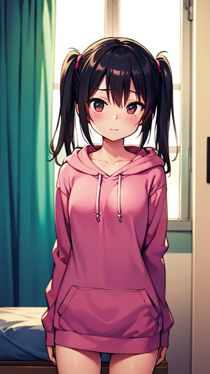an anime girl with red eyes, long black hair with pink strands with small hair bow with small blue and yellow cubes decoration on the bow, on the right side of the head. She is wearing a pink sweatshirt that is too big for her and while she is in the locker room she is taking off her pants., revealing that she is wearing white panties