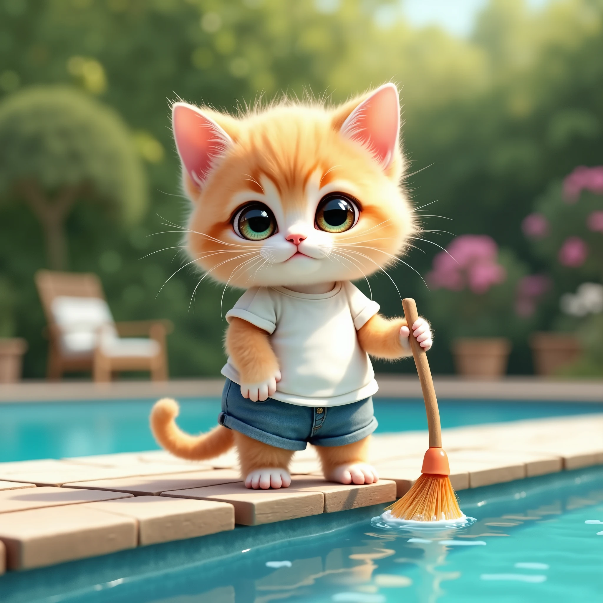 baby cat drawn in size 25 ,1 cute kitten,A cat is standing on two legs,smile,eyes look like beautiful marbles,A、A furry kitten,Don't blur the background,A kitten is cleaning the pool,kitten that looks like it's in a real car is scrubbing the pool side with a deck brush,,A kitten wearing a white t-shirt and jeans shorts,The background is a garden pool