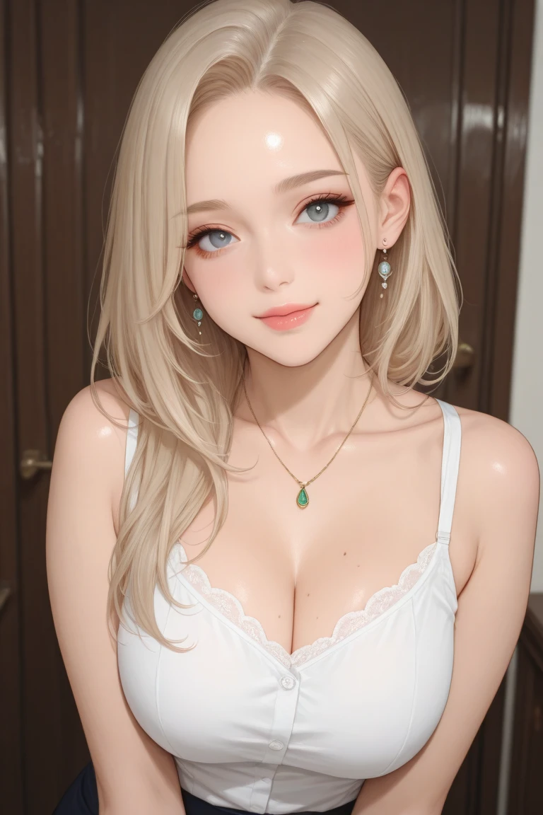 Beautiful big breasts, (bokeh), indoors, detailed luxury living room, gentle and charming beautiful goddess, Korean(kpop-idol), solo, smooth skin, necklace, (grey hair, blue eyes), oval face, double eyelids, smart, good hands, good feet, Natural, (from below angle), (glossy skin:1.05), ((low angle)), Perfect figure, (64k, UHD, RAW photo, best quality, masterpiece:1.4), (realistic, photo-realistic:1.37), ultra high res, photon mapping, radiosity, physically-based rendering, professional soft lighting