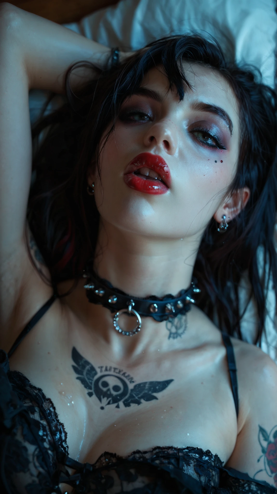 a girl, emo, red lipstick, mouth half open, From the chest up, Lying down