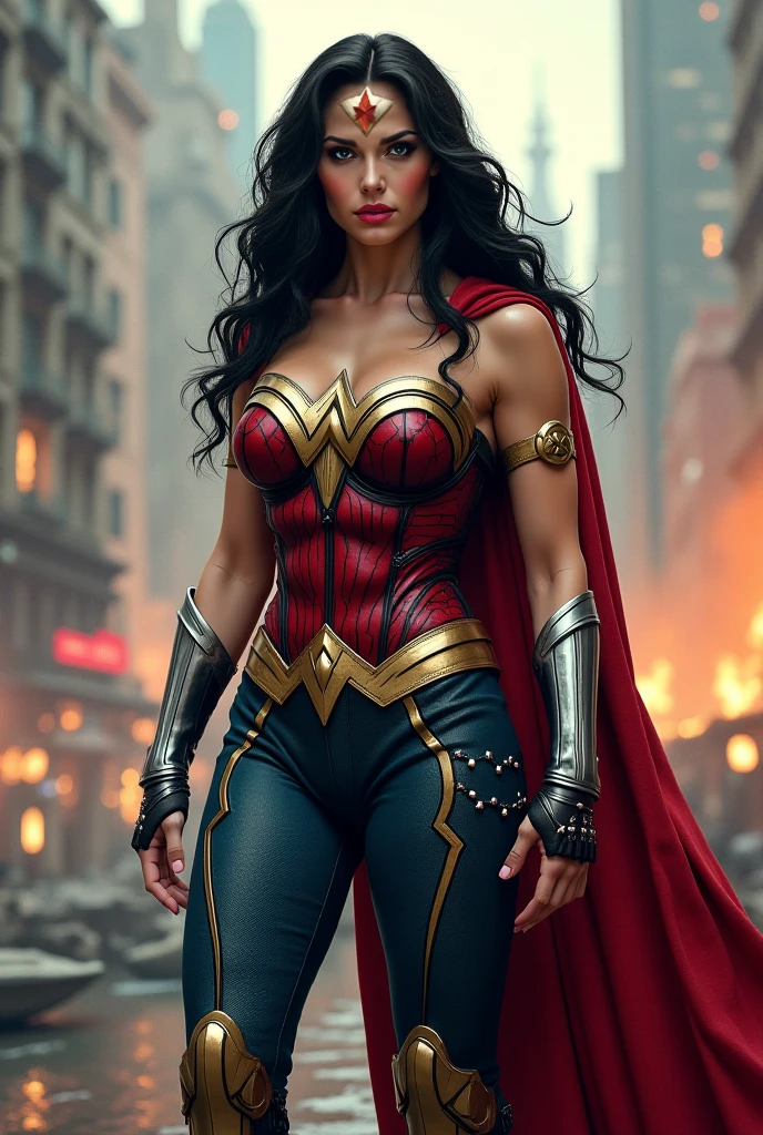 A beautiful woman Lynda Carter Wonder Woman long black hair pulled back in a ponytail black leather jacket red corset and black leather pants red knee-high boots diadema Wonder Woman on her forehead